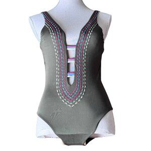 BECCA Sexy One Piece Boho Swimsuit In Dark Green - Size Small